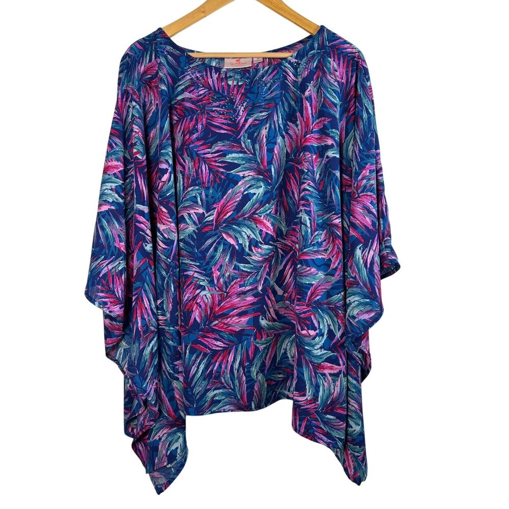 Quacker Factory Tropical Palm Caftan Top Rhinestone Blue Pink Beach Poncho 1X